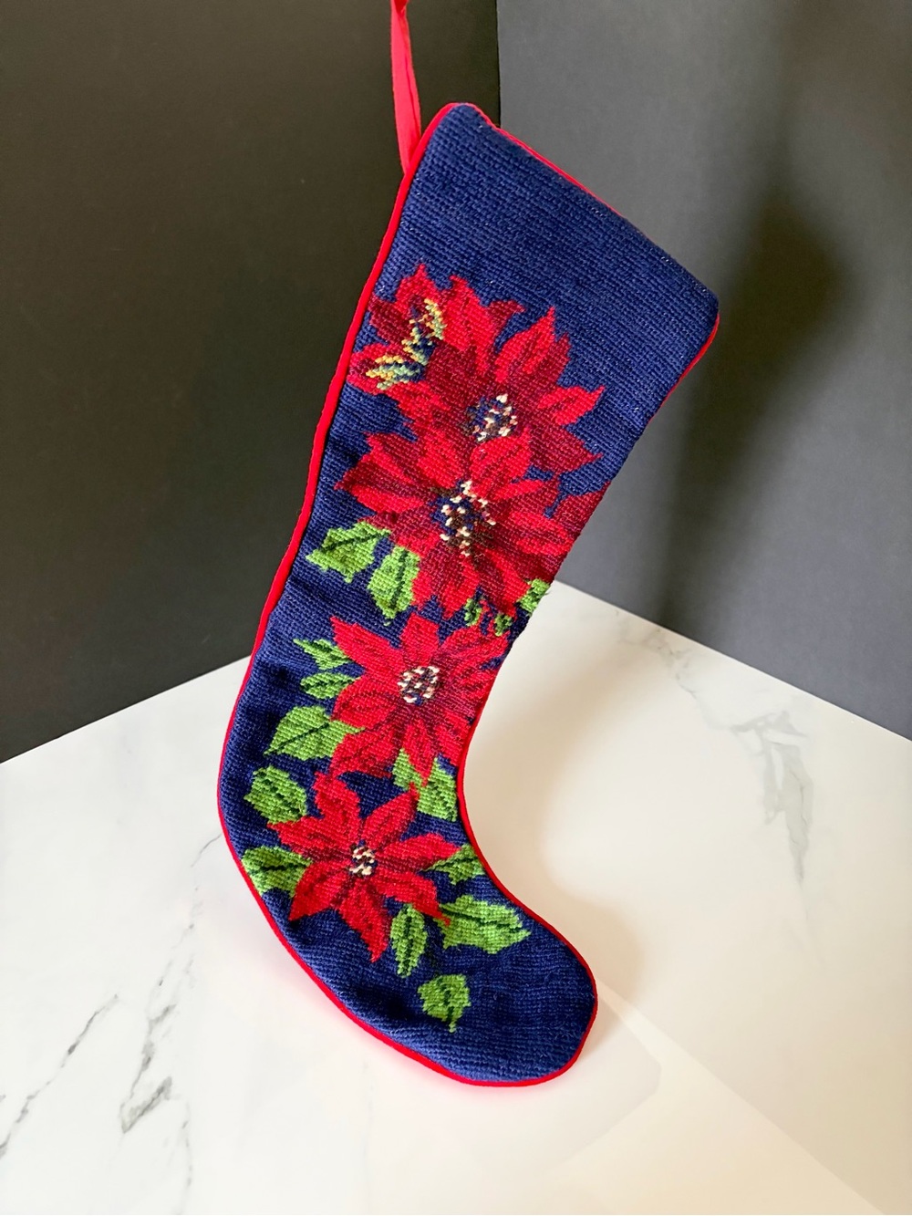 Red Poinsettia Needlepoint Stocking